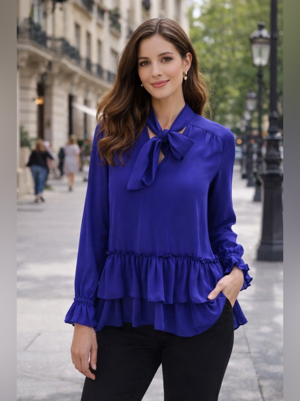 Nicole Miller Artelier 100% Silk Tie Neck Blouse Blue Ruffle Top Size M